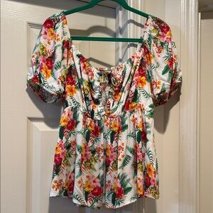 NWOT Floral Pheasant Boho Cottagecore Fairy Puff Sleeve Cinch Waist Tie Neck XL